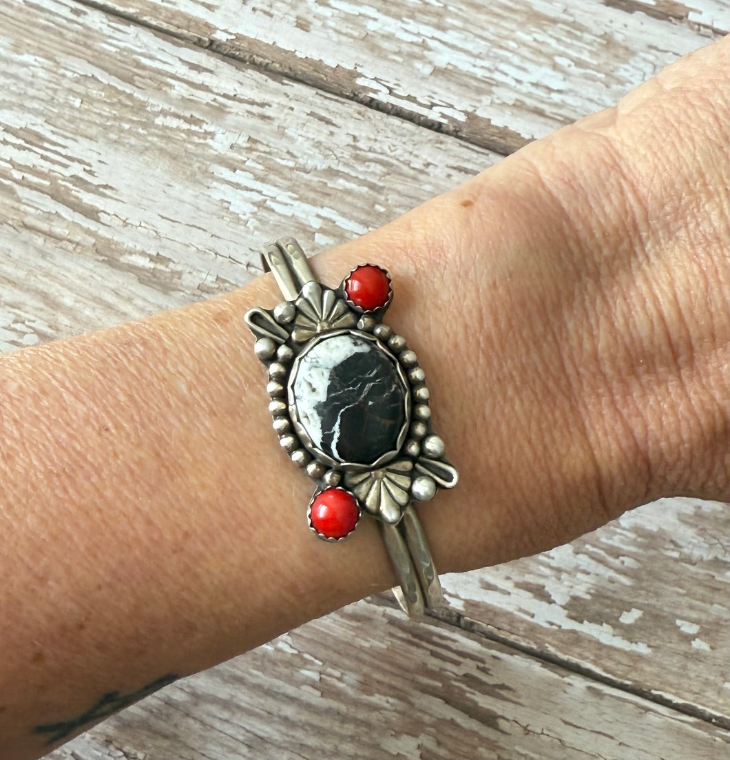 Sterling Silver, White Buffalo, and Coral Cuff Bracelet